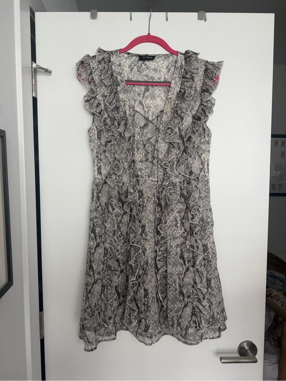 Storia Gray Snake Print Ruffle V-Neck Dress